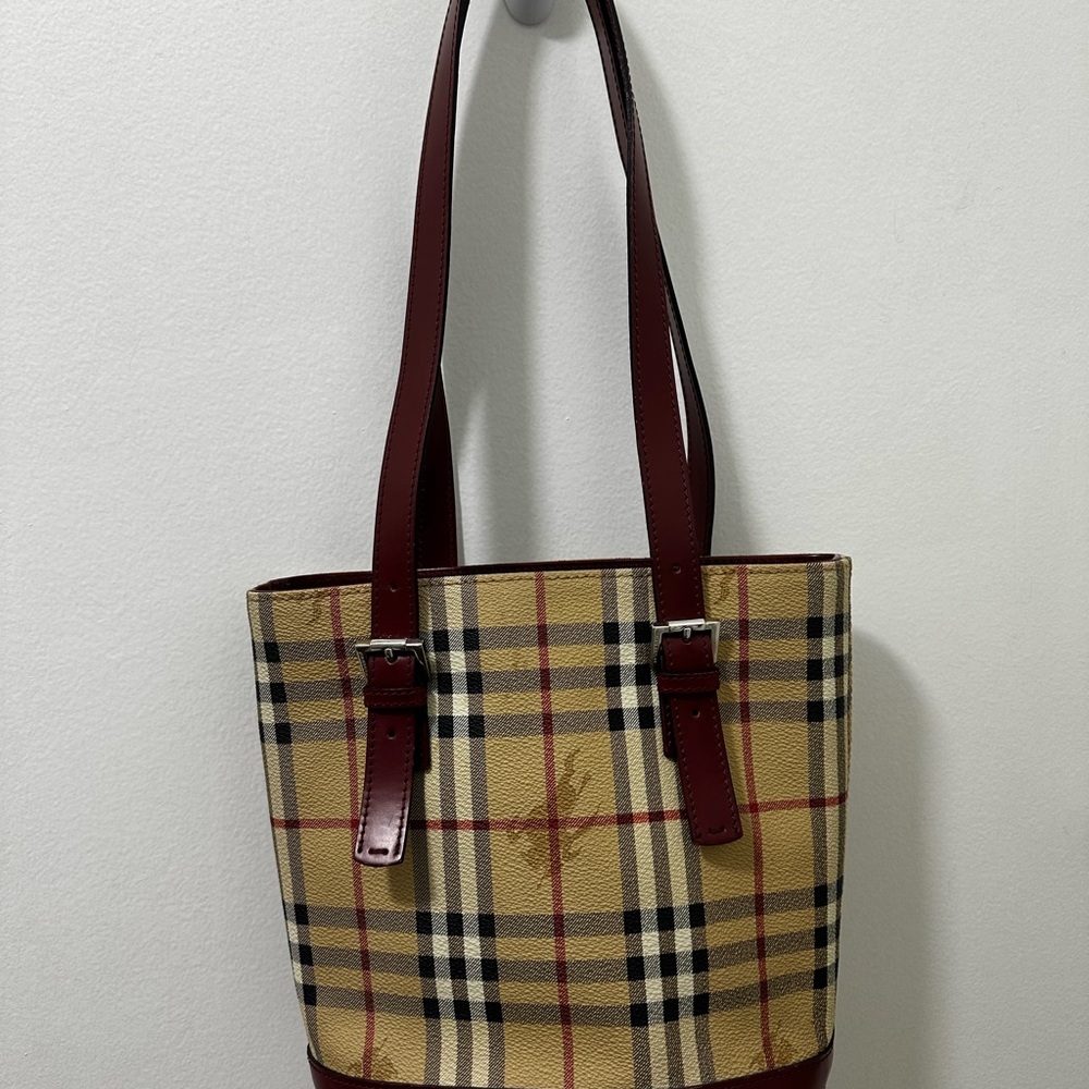 Burberry PVC Leather Novacheck Bucket Bag with Red handles. Vintage